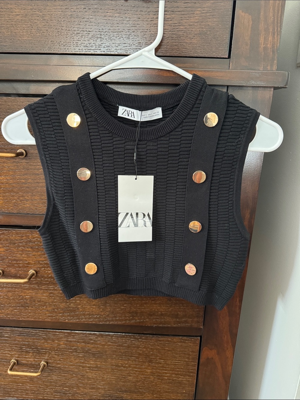 Zara Black Ribbed Knit Tank with Gold Buttons S